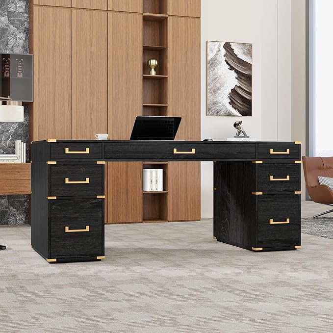 70 Extra-Large Executive Desk with 7 Drawers USB Ports &amp OutletGold Metal Hardware &amp Reinforced CornersModern Home Office Computer DeskBlack