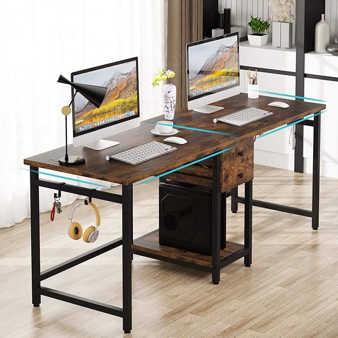 LITTLE TREE 79 Double Desk Two Person Desk with Storage Drawer Long Desk Home Office Desks for 2 Person Rustic Brown