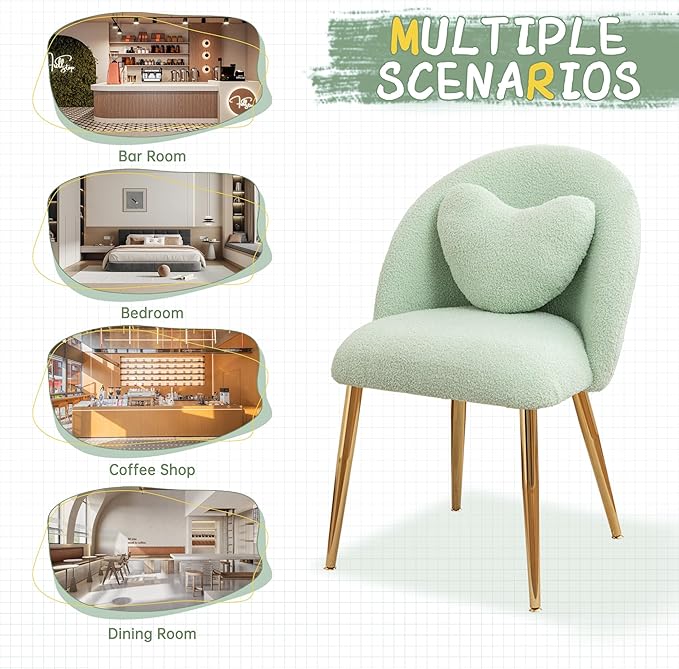 Vanity ChairAccent Makeup Comfy Cute Desk Girls Fluffy Chairs for Bedroom No Wheels Gold Metal Legs Stool (Teddy Green)
