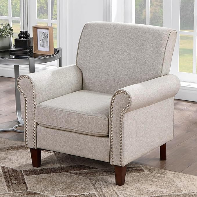 Prilinex Upholstered Living Room Chair Set of 3 - Large Comfy Fabric Accent Chair Single Sofa with Cushion Rolled Armrest &amp Nailhead Trim Mid Century Farmhouse Armchair for Bedroom Office Beig