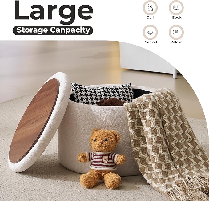 Modern Round Storage Ottoman Chenille Ottoman Foot Stools Ottoman Footstool with Removable Lid Storage Ottoman for Living Room Multi-Functional Footrest White