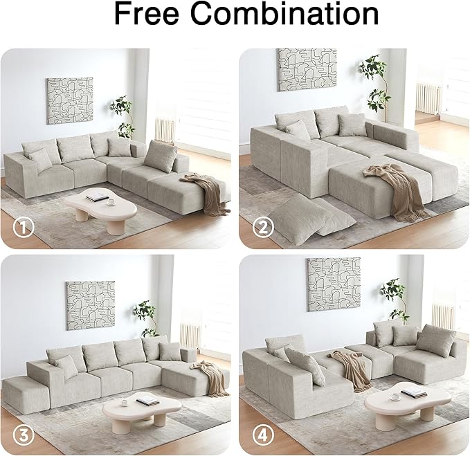 152'' Cloud Couch Sectional Deep Seat Upholstered Sofa Chenille Modular Sectional Couches for Living Room Memory Foam with 6 Pillows No Assembly Required (Beige)