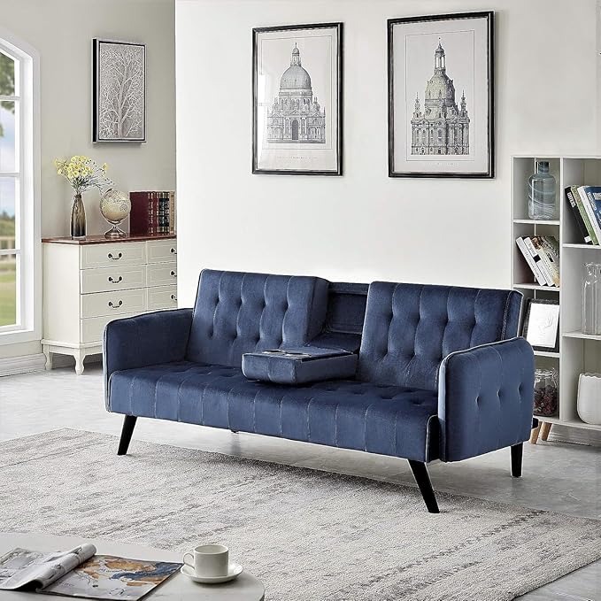 Container Furniture Direct 72 Velvet Convertible Sofa Bed with Cup Holders Tufted Folding Futon Sleeper Couch Mid-Century Modern 3 Seater for Small Spaces 72 L x 34.6 D x 31 H Dark Blue