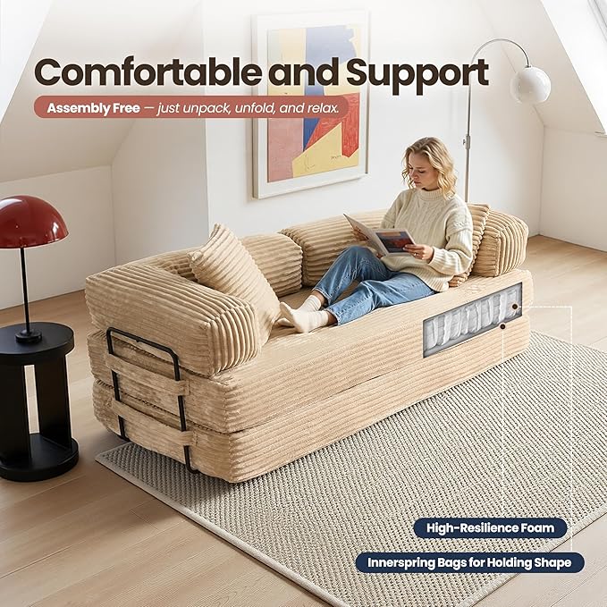 4-in-1 Folding Convertible Sleeper Sofa Bed81 Plush Corduroy Boneless Couch Pull Out BedsLoveseat Floor Futon for Small Spaces Living Room Bedroom ApartmentBeige