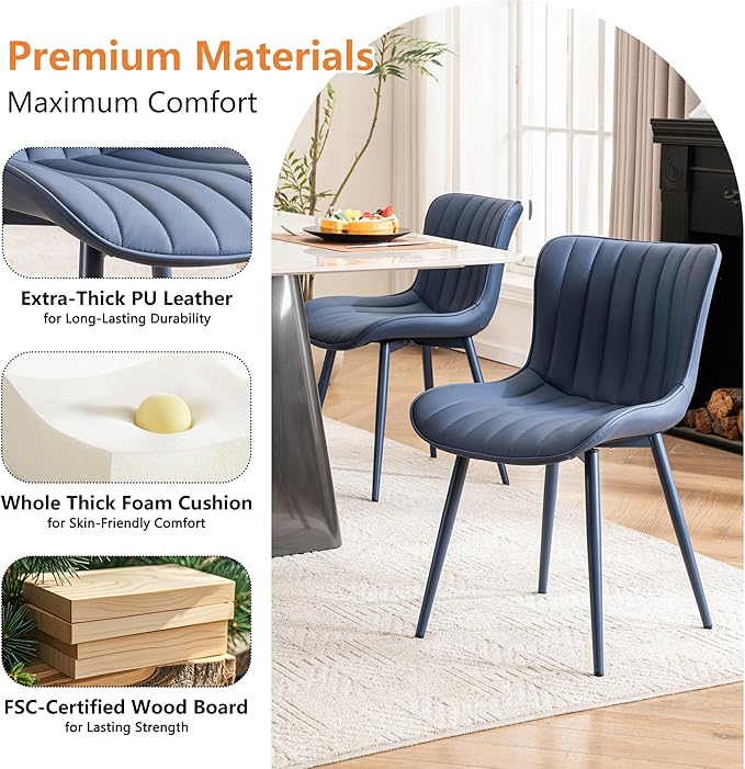 YOUNUOKE Mid-Century Modern Dining Chairs Set of 2 Navy Blue PU Leather Upholstered Kitchen Chairs with Navy Blue Metal Legs Armless Accent Chair for Dining Room Guest Reception Room