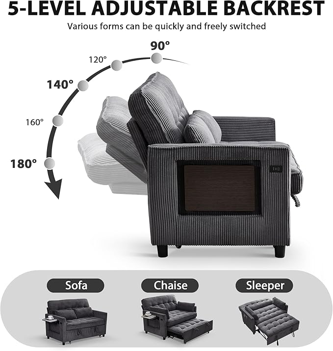 Sleeper Sofa Bed 55‘’ Convertible Pull Out Couch with Small Table| USB Port | Side Pockets | Corduroy Fabric | Adjustable Backrest for Apartment Office Bedroom Guest Room