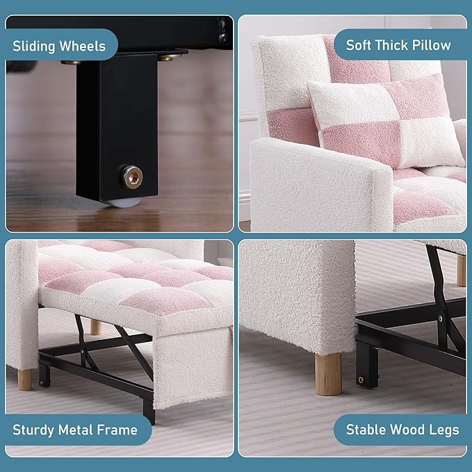 Convertible Sleeper Sofa Chair 3 in 1 Multi-Function Folding Ottoman Couch Sigle Pull-Out Bed with Adjustable Backrest and Pillow for Living Room Apartment Office Pink&ampWhite