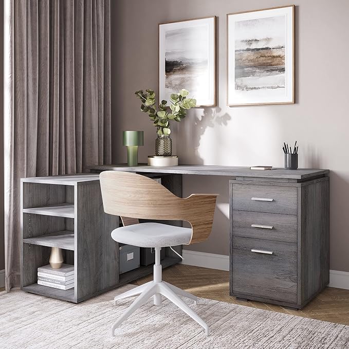 BELLEZE L Shaped Computer Desk 60” Study Writing Table Home Office Desk Morden Corner Workstation Setup with Adjustable Storage Shelves and 3 Drawers Gray Wash