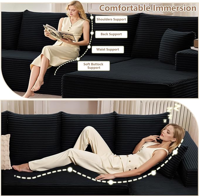 Cloud Modular Sectional Sofa for Living Room167x69.7 Oversized U-Shaped Couch with 7 PillowsBig Comfy Couches SetFluffy Corduroy Sofa with Ottoman &amp ChaiseNo Assembly(BlackLeft-Facing Chaise)