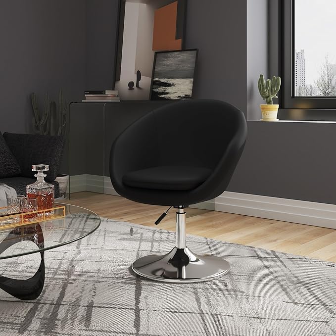 Manhattan Comfort Hopper Adjustable Swivel Accent Chair Set of 2 with 360° Turn Upholstered Seat Polished Chrome Base Modern Bowl Design for Home Office and Living Room Black Faux Leather