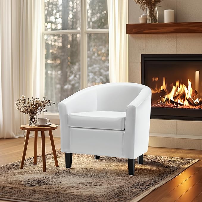 Topeakmart Faux Leather Club Chair Modern Accent Chair and Cozy Barrel Chair with Sturdy Wood Legs for Living Room Bedroom Reception Room White
