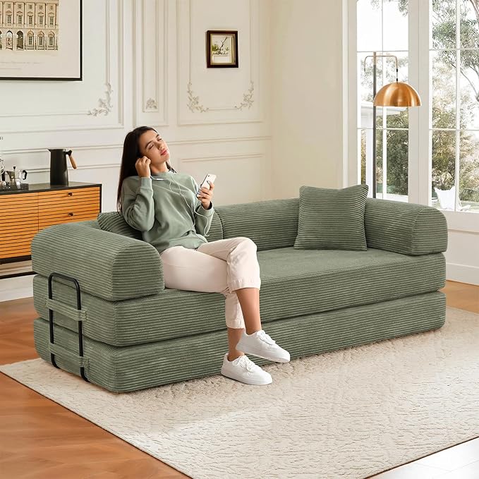 78 Convertible Sleeper Sofa Bed with Cylindrical Pillow Corduroy Folding Mattress Couch with Fixed Frame Floor Sofa Lounge Couch for Living Room Bedroom Apartment Light Green