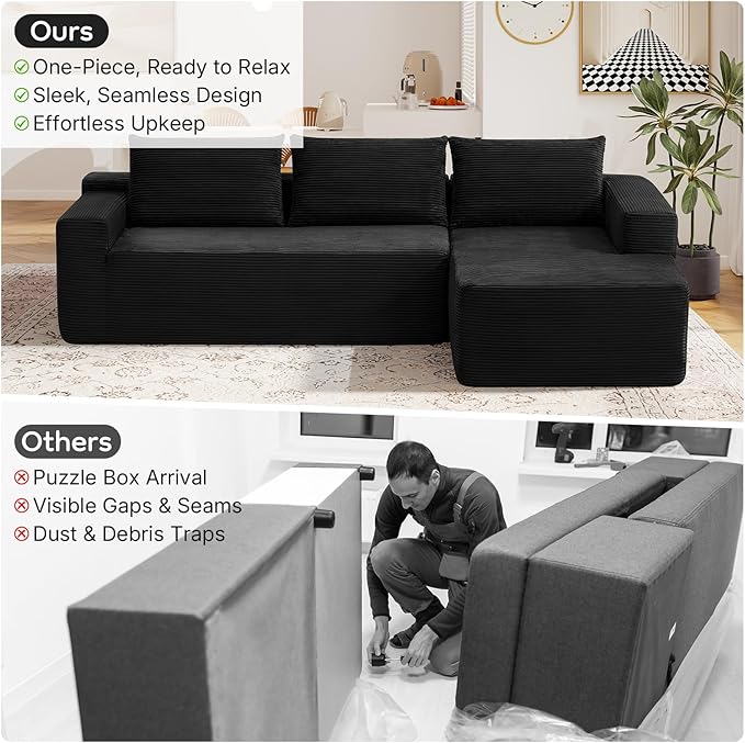 97 L Shaped Boneless Couches fo Living Room Modular Sectional Sofa Black Corduroy Compression Couches for Small Spaces No Assembly Required (Right Facing Chaise)