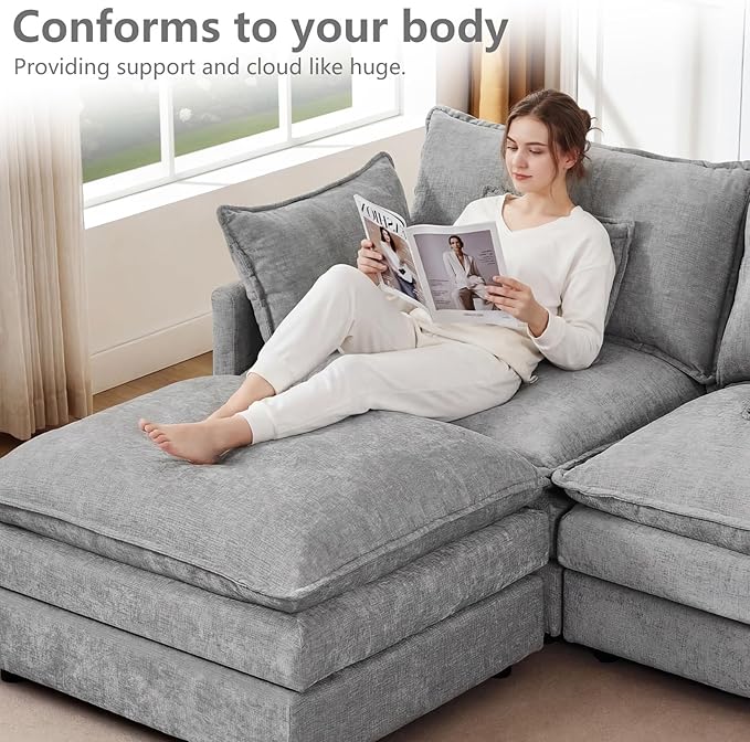 GNIXUU 102 Modular Sectional Sofa L Shaped Cloud Couch with Movable Ottoman &amp 4 Pillows Deep Seat Chenille 4 Seater Sectional Couches for Living Room Apartment (Grey)