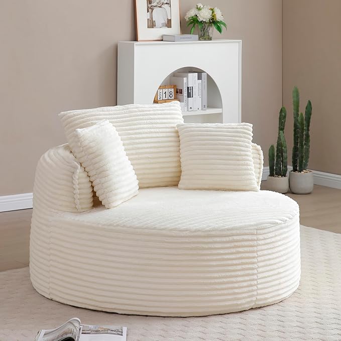 KEIKI 53.5 Oversized Round Chair Large Barrel Chairs Upholstered Accent Corduroy Single Sofa Armchair for Living Room Lounge Beige