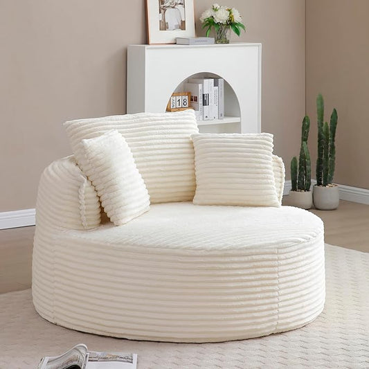 KEIKI 53.5 Oversized Round Chair Large Barrel Chairs Upholstered Accent Corduroy Single Sofa Armchair for Living Room Lounge Beige