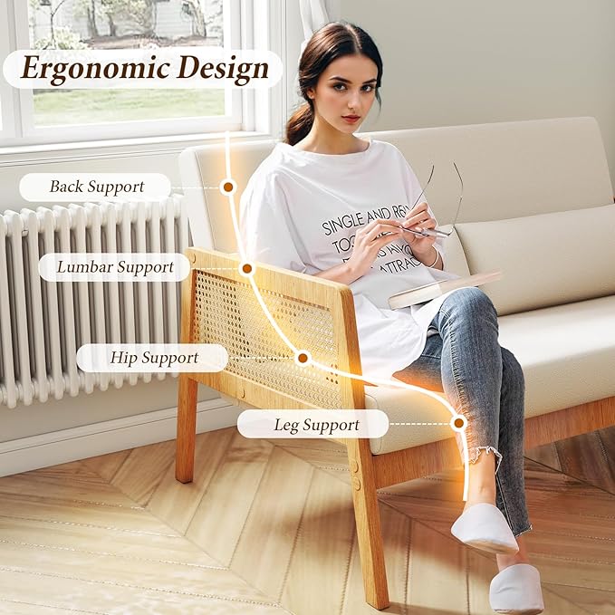 Furnimart 4ft Small Loveseat 48 Modern Rattan Settee 2-Seater Sofa with Wood Frame and Lumbar Pillows Wating Room Banquette Bench with Back Mini Couch for Apartment Office Patio Sherpa White