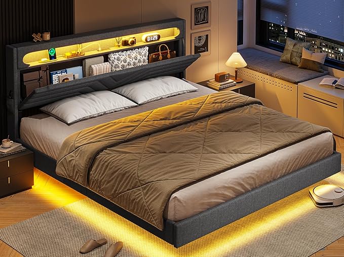 BTHFST Queen Floating Bed Frame with RGB LED Lights Headboard USB-C/A Power Combo Linen Upholstered Platform Bed with Storage Headboard Innovative Stable Structure Dark Gray