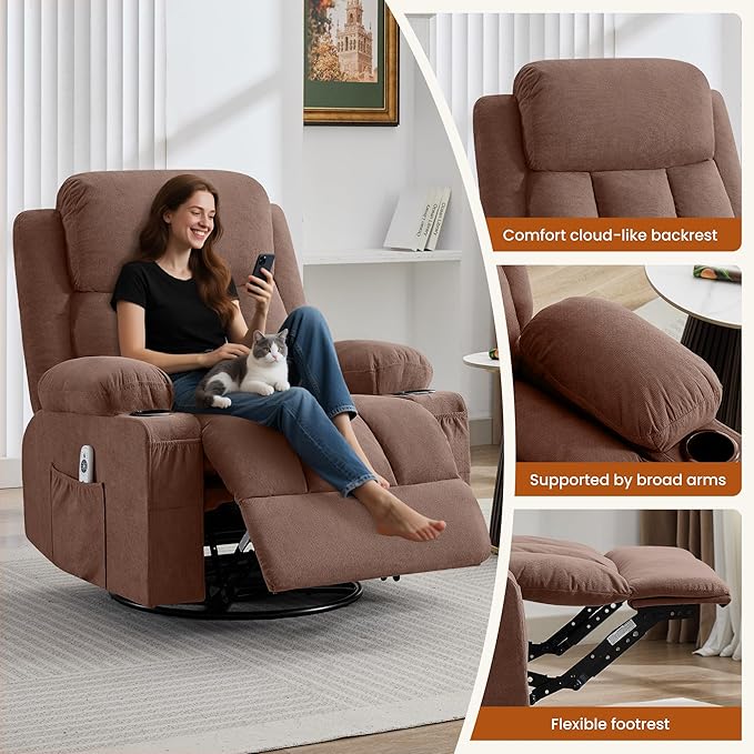 Swivel Rocker Recliner Chair with Vibration Massage and Heat for Living Roomwith Rocking Function and Side Pocket USB Charge Port2 Cup Holders