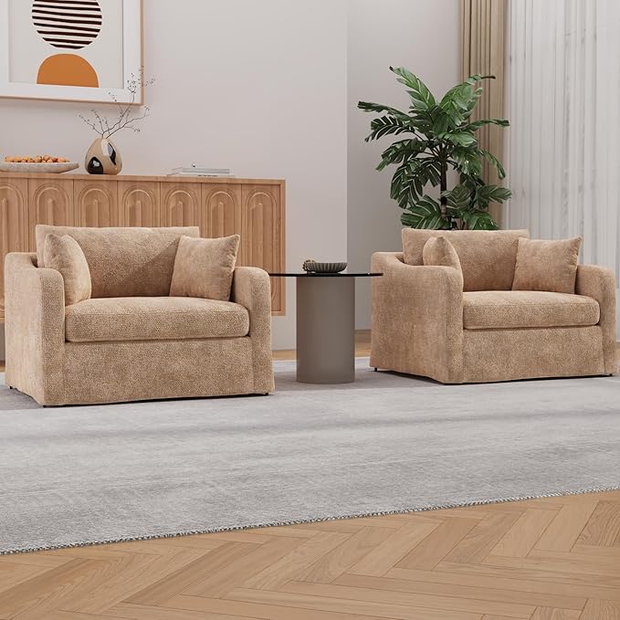 Mlmh &amp Kngwa Chenille Oversized Accent Chair 45.27 Wide Comfy Single Sofa Big Cozy Chairs with 3 Pillows Upholstered Reading Lounge Chair for Living Room Bedroom Wheat