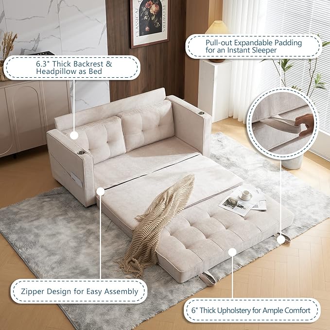VINGLI Upgraded 64 W 84 L Full Size Futon Sofa Bed 6 Thick Upholstery Chenille Loveseat Sofa Sleeper Pull Out CouchConvertible Floor Couch for Living Room Bedroom Entertainment Room Beige