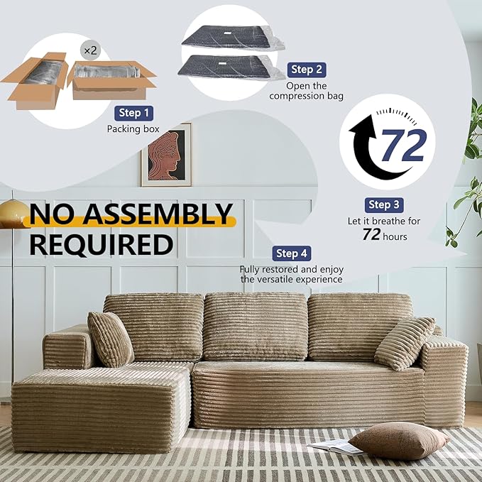 L-Shape Couch Modular Sectional Sofa Couches 3 Seat Modular Sofa Memory Foam Sectional Couches for Living Room Cloud Couch with Oversized Chaise (Camel Left Facing Chaise)