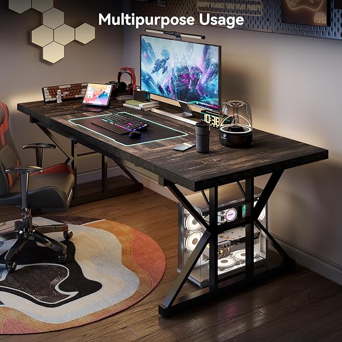 LITTLE TREE 70.8-Inch Large Executive Desk Extra Long Computer Office Desk Workstation Modern Simple Style Laptop Table Sturdy Wooden Writing Workstation for Home Black Oak