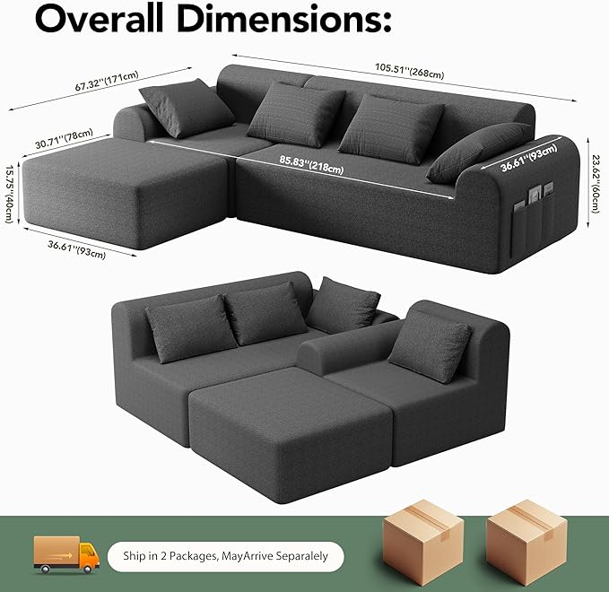 Rengue 105.5 Cloud Boneless Sectional Sofa for Living Room 4-Seater L-Shaped Comfy Couch with Ottoman 4 Pillows Deep Seat Chenille Sofa No Assembly Required (Dark Grey) 72h to Restore