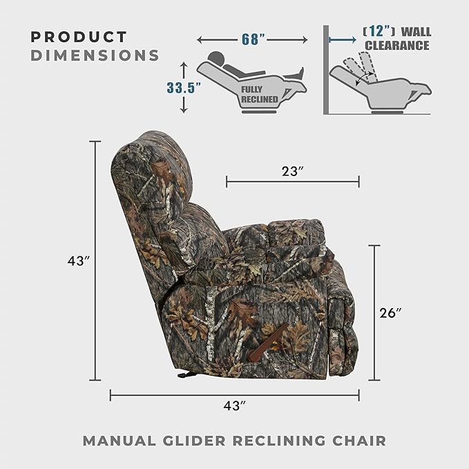 Lexicon Glider Recliner Chair with Lever Handle Textured Microfiber Manual Recliner Plush Stitching Cushion Pillow Top Arms Rustic Armchair for Cabin/Living Room Easy Assembly Camouflage