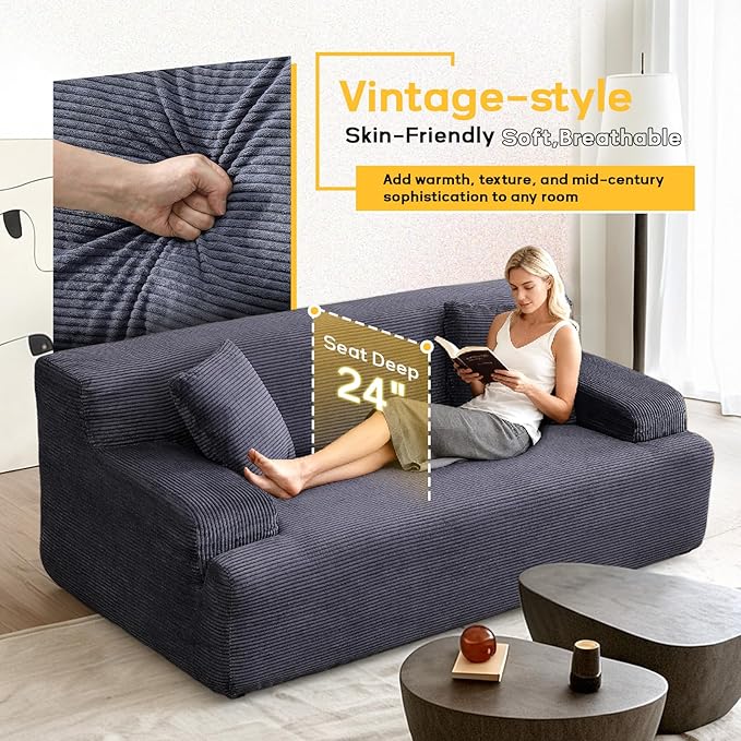 VINGLI 72 w Compressed Love Seat Sofa with Wide Curved Armrests (10.6) Premium Corduroy Couch in a Box Boneless Loveseat for Living Room Easy Assembly Required for Small Spaces Dark Grey