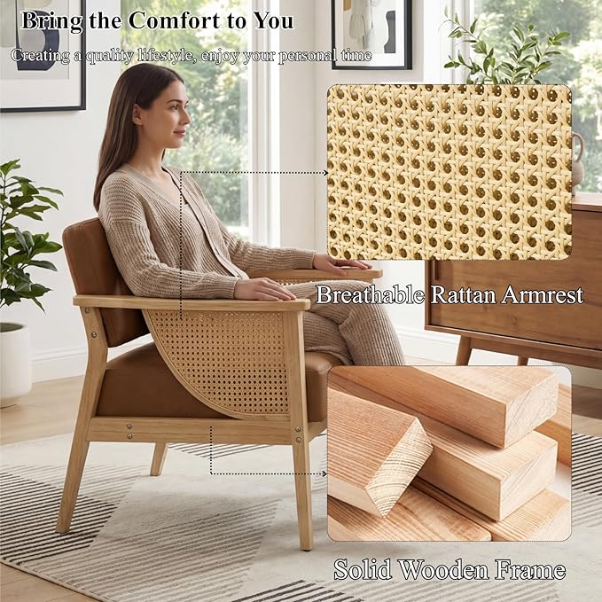 Mid Century Modern Accent Chair Rattan Armchair with Wood Legs Living Room Chair PU Leather Upholstered Lounge Chair for Bedroom Reading Room Brown