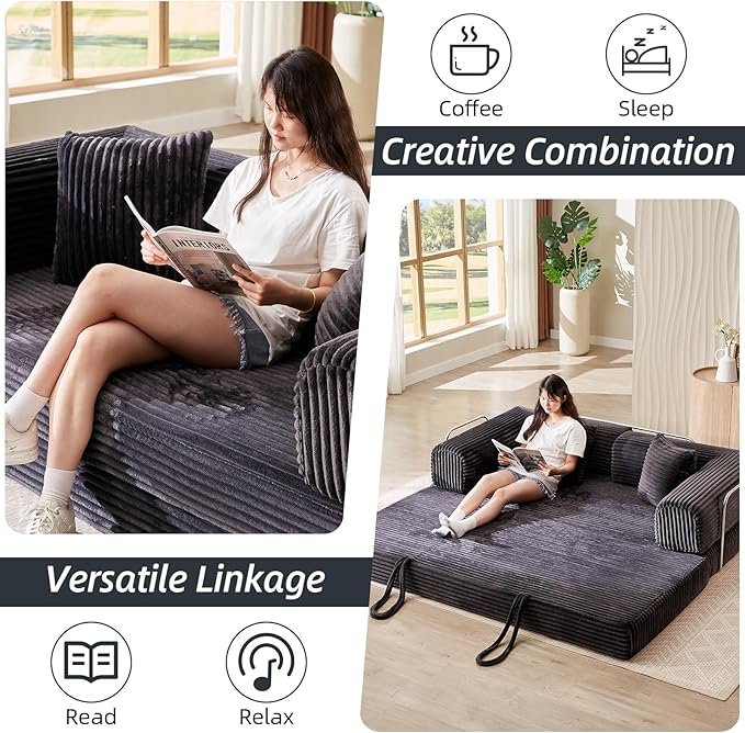 4-in-1 Convertible Folding Sleeper Sofa Bed Plush Corduroy Foldable Mattress Couch with Fixed-Shape Frame Floor Compressed Sofa for Living Room Bedroom (Dark Grey)