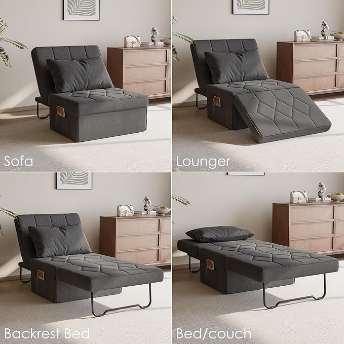 Convertible Sofa Bed with 5-Level Adjustable Backrest 70 D x 34 W 4-in-1 Folding Ottoman Sleeper Chair Bed Modern Single Futon Couch for Living Room Apartment Dorm Small Space Dark Grey