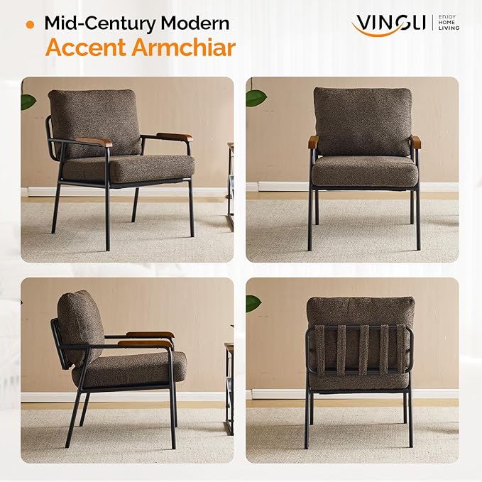 VINGLI Mid-Century Modern Accent Armchiar for Small Space Small Comfy Upholstered Leisure Reading Chair with Wood Armrest for Bedroom Living Room Waiting Room Linen Expresso