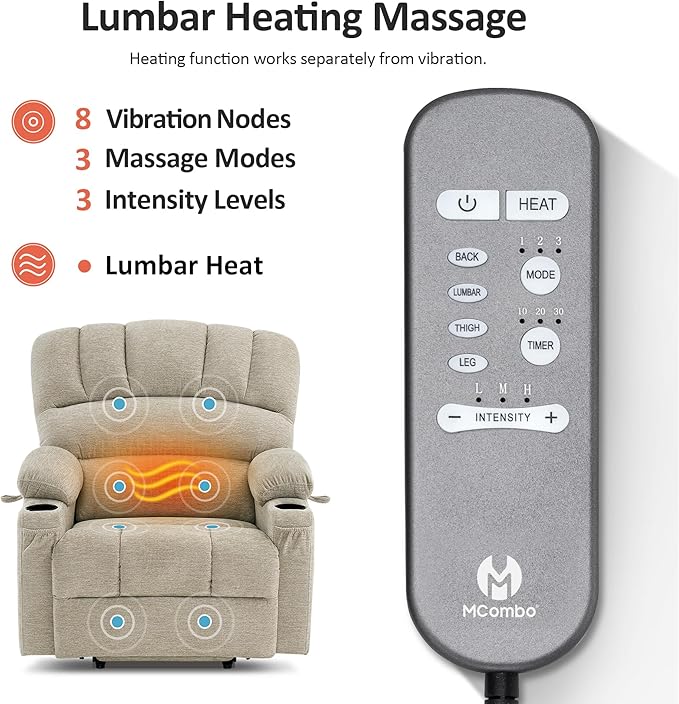 MCombo Power Lift Recliner Chair for Elderly Lift Chair with Heat and Massage Extra Wide Lift Recliner for Big People Fabric R7096 (Medium-Wide Beige)