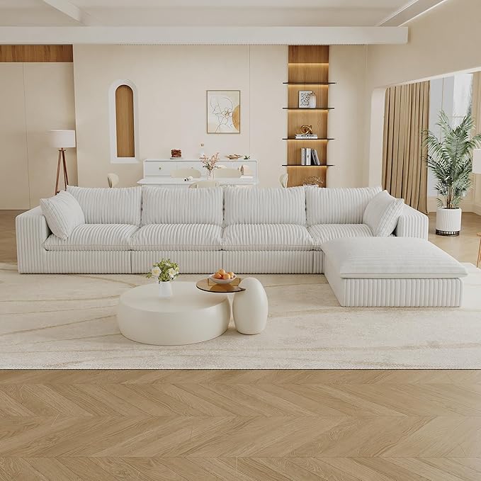 157.6 Modular Sectional Sofa Cloud Couch with Ottoman Modern Fluffy Boneless Couch Deep Seat Upholstered Sofa for Living Room Furniture Bedroom and Apartment (White 4S &amp L Shape) | Plush Cord