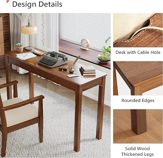 Wood Desk Solid Wood Writing Table for Home Office Mid Century Modern Desk with Drawers Walnut (47inch / 120cm)