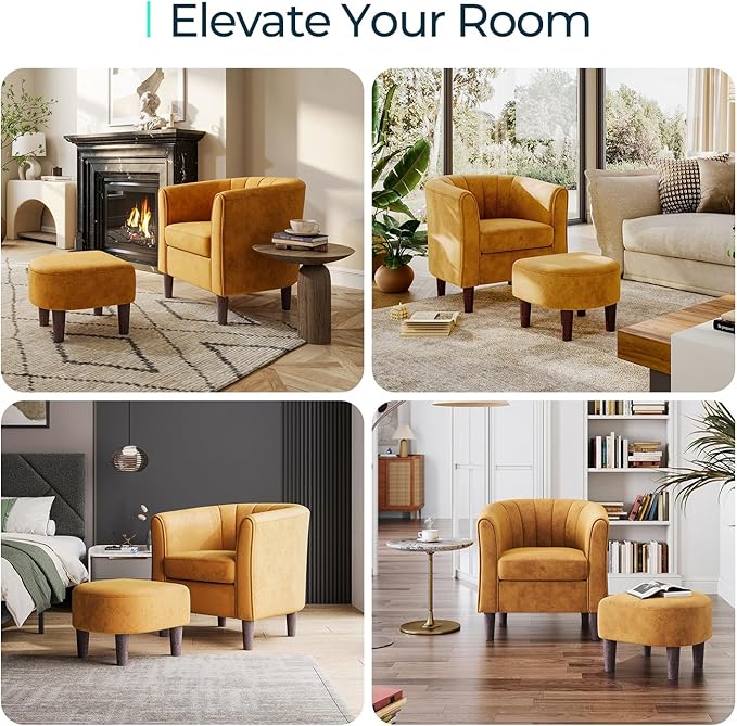 LINSY Accent Chair Set of 2 Velvet Barrel Chair with Ottoman Modern Comfy Small Armchair for Small Spaces Reading Room Living Room Bedroom Kids Room Office Yellow