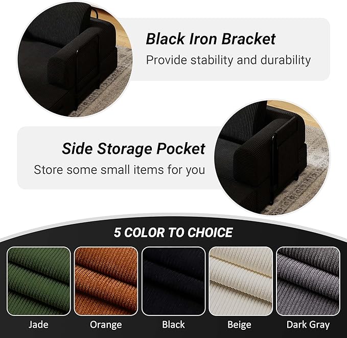 Convertible Sleeper Sofa Bed 3-Seat Corduroy Futon Couch with Cylindrical Pillow Foldable Mattress for Living Room &amp Bedroom 79 Inch Multi-Functional Sofa (Black)