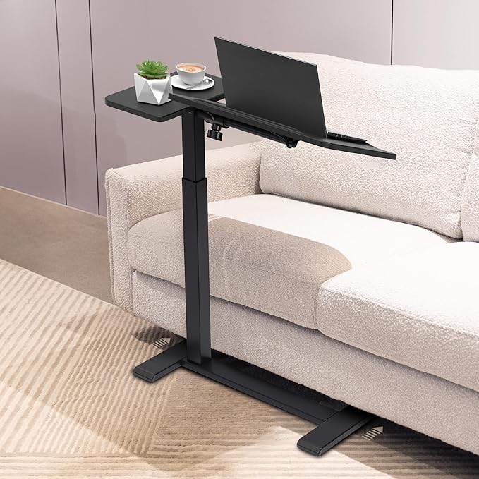 Adjustable Overbed Bedside Table with Hidden Wheels Pneumatic Tilt Board Rolling Laptop Standing Desk Cart Mobile Over Bed Sofa Chair Side End Tables Walnut (Black)