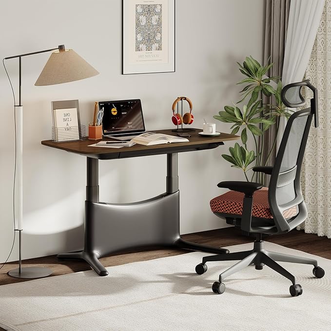 COLAMY Electric Adjustable Standing Desk – 48 x 28 Inch Sit Stand Desk with Drawer &amp Cable Management Dual Motor Lift System Ergonomic Footrest Home Office Table (MFC Desktop Walnut + Black)
