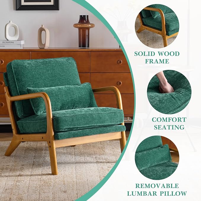 Karl home Mid Century Modern Accent Chair with Lumbar Pillow &amp Oak Arms – Plush Chenille Living Room Chair for Bedroom Lounge (Dark Green)