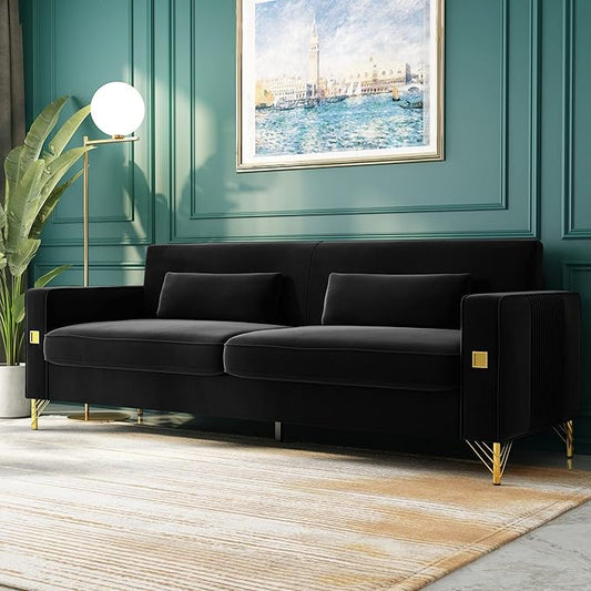 85 Velvet SofaMid-Century Modern Chesterfield 3 Seat Comfy Couch with Pillows Set of 2 for Living RoomBedroomApartment Furniture with Gold Metal Legs (P18-Black)