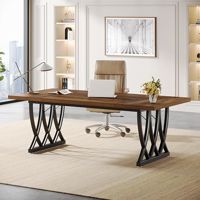 Tribesigns 70.86-Inch Executive Desk Large Home Office Desk Computer Desk with Thick Metal Frame Rectangle Study Writing Table Workstation for Home Office (Retro Brown &amp Black)