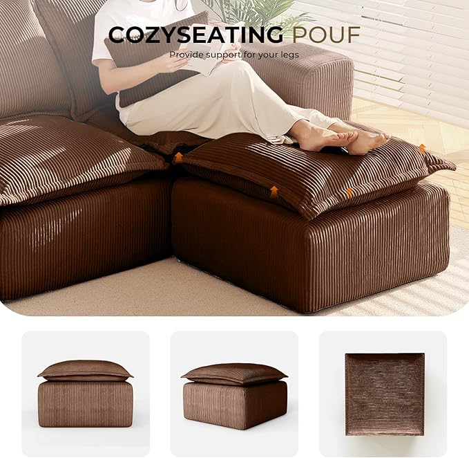 Brown Corduroy Pouf for Modular Sectional Sofa Matching Accessory for Living Room Bedroom and Apartment