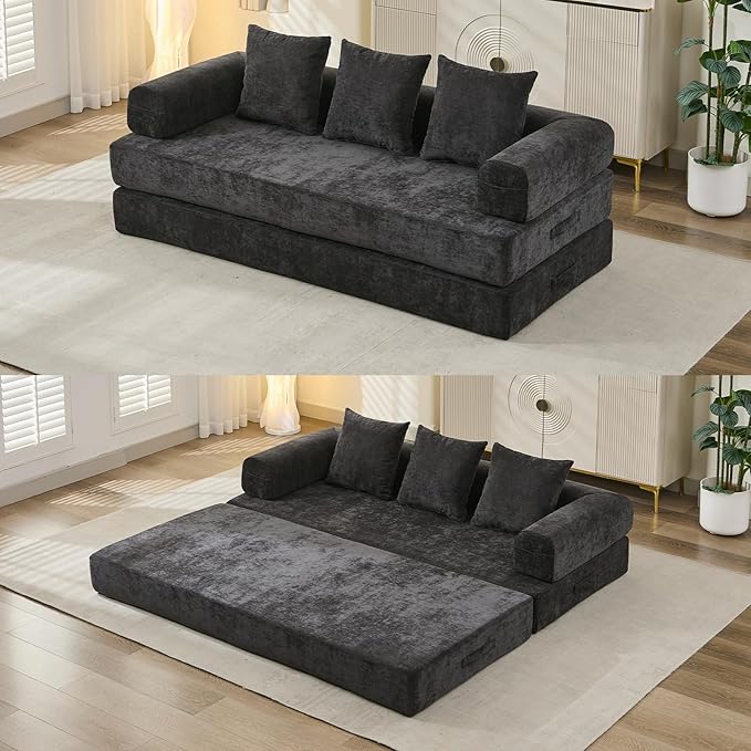 Convertible Sofa Bed 4-in-1 Floor Foldable Couch Bed with Armrests &amp Pillow Chenille Fabric No Assembly Required Comfy Memory Foam Couch Lounge Sofa for Living Room Black