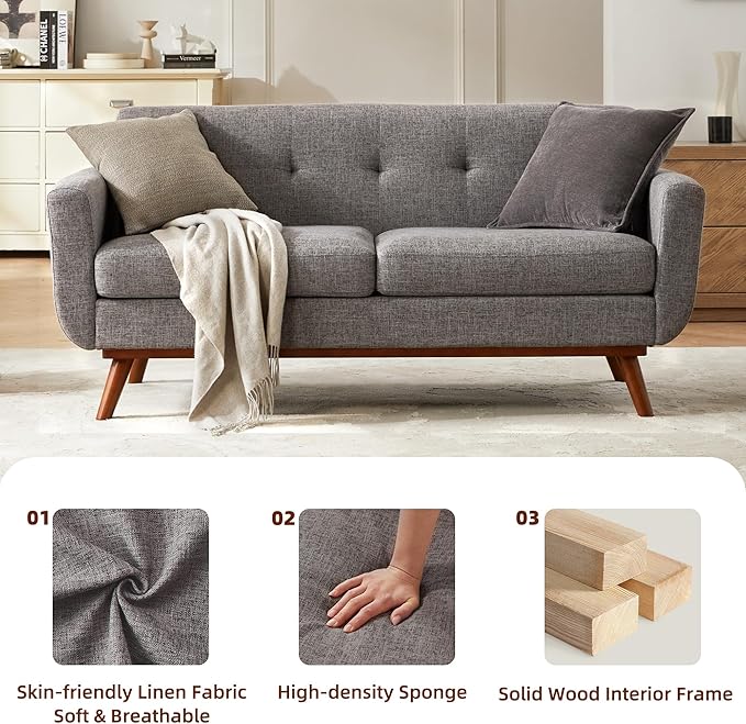 Kingfun Loveseat and Sofa Sets Mid Century Modern Linen Love Seat Couches for Living Room Button Tufted Upholstered Furniture Easy to Install Small Couch for Bedroom Office Apartment Grey