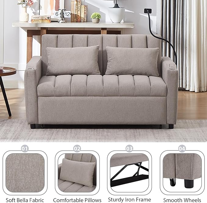 Pull Out Sofa Bed 55.9 Convertible Sofa Bed with 360°Swivel Phone Holderm Two Side Pockets Two Cup Holders 3 Level Adjustable Backrest Bella Fabric Loveseat Sofa (Light Grey * Loveseat90)