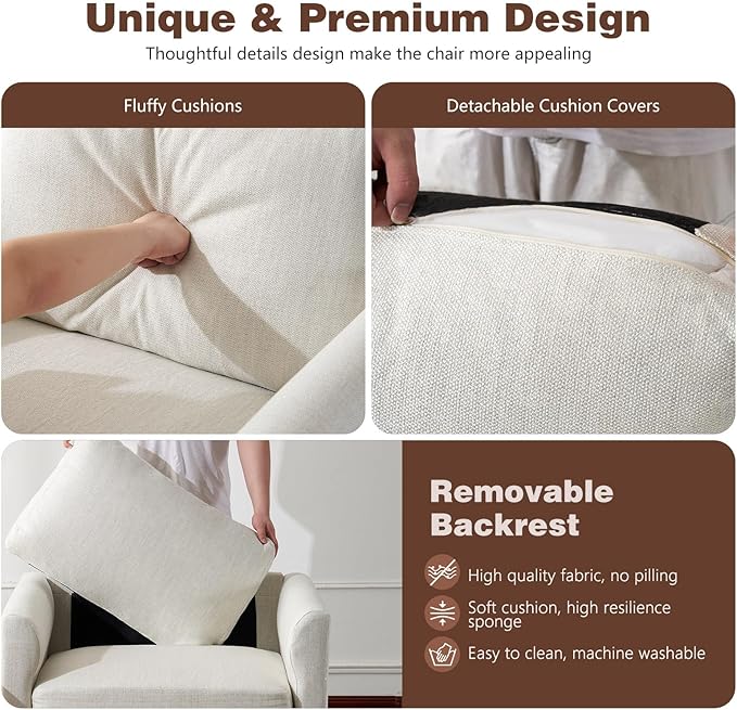 ELUCHANG Accent Chair Set of 1 Oversized Mid Century Modern Arm Chair Soft Linen Fabric Sofa Chairs Upholstered Comfy Chair for Living Room Bedroom Apartment (Creamy White)