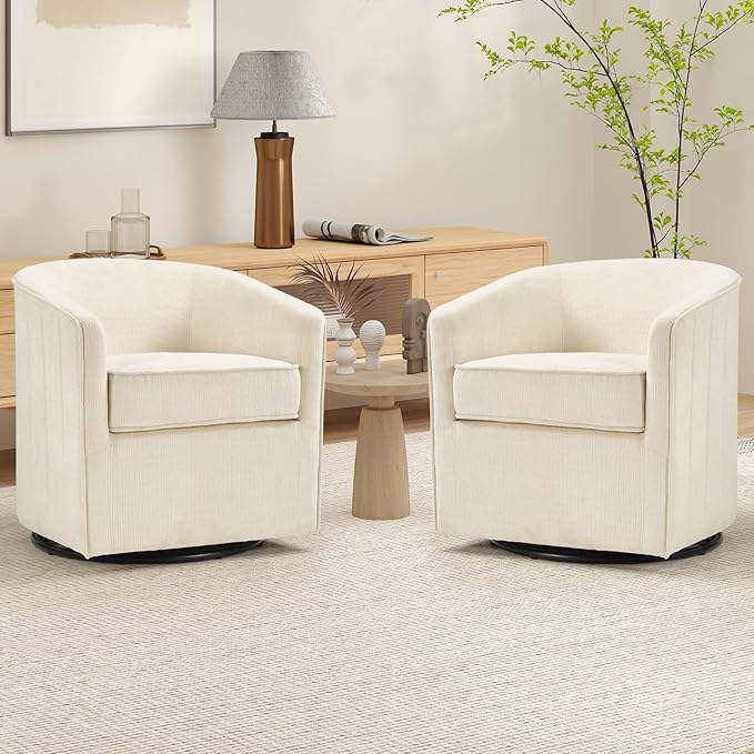 CANMOV Swivel Accent Chair for Multi-Scene Use 360 Degree Club Chair with Ottoman Set Comfy Fabric Barrel Reading Chairs with Simple Line Design for Living Room Bedroom Round Reading Chair Beige